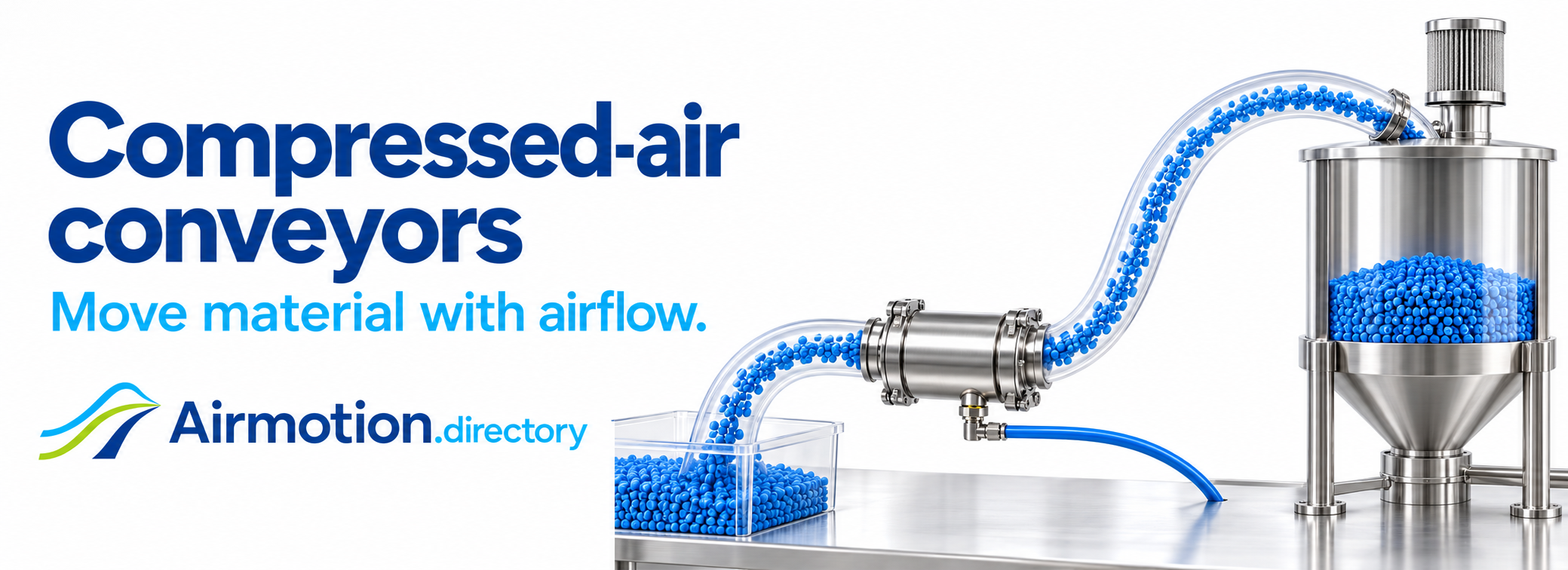 Compressed-air conveyors. Move material with airflow. Illustration of inline pellet transfer.
