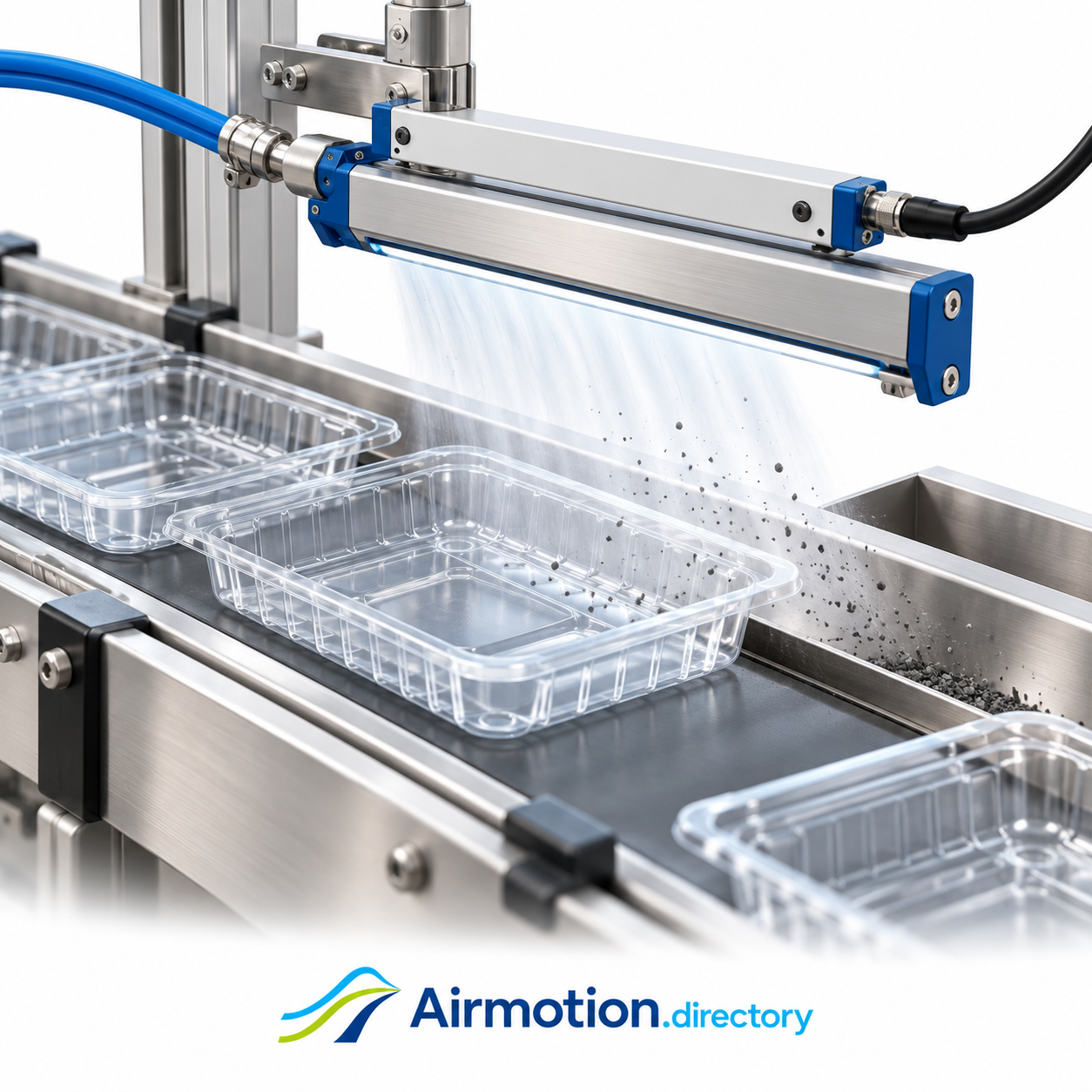 Illustration of a compressed-air ionized knife cleaning an exposed plastic packaging tray before the next production step.