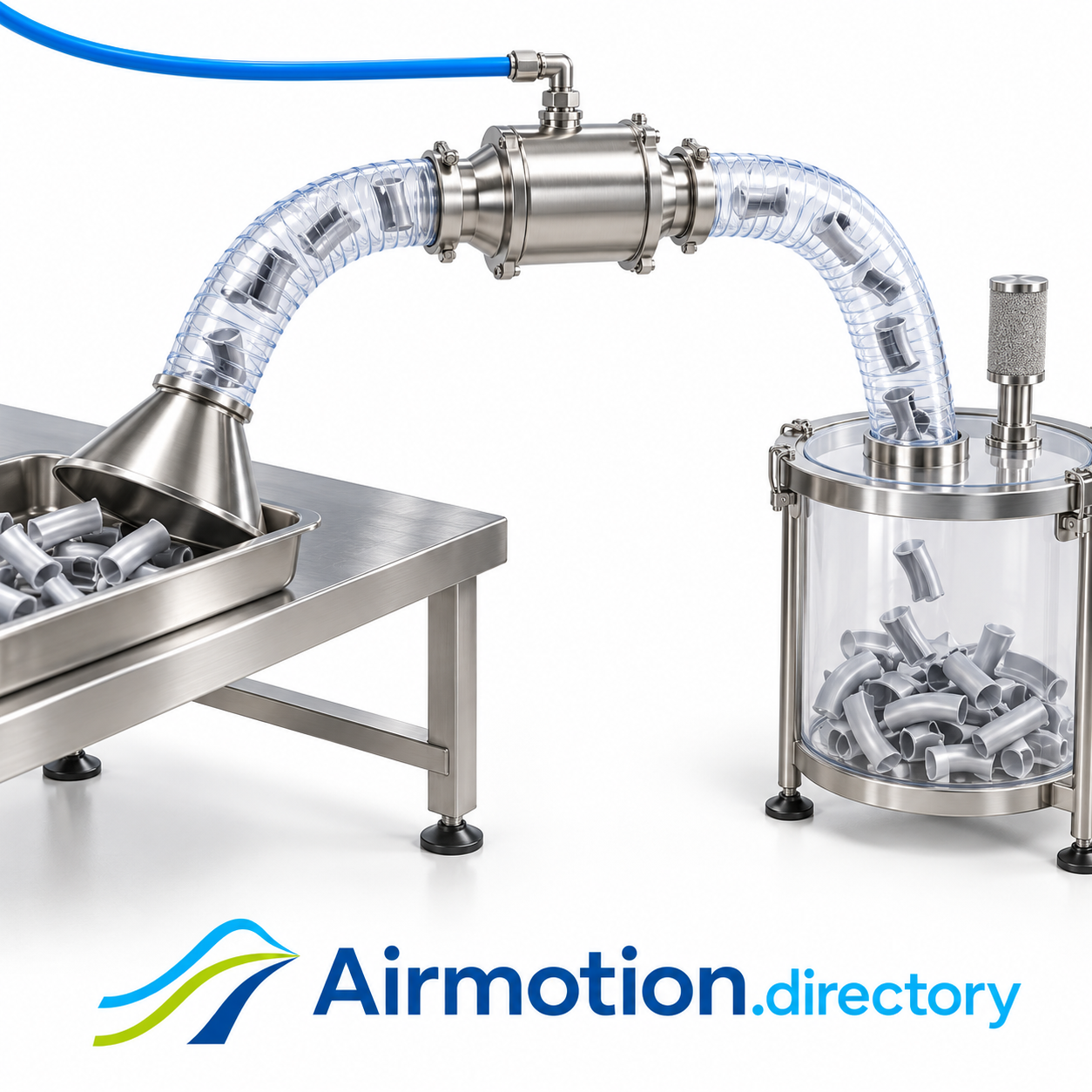 Illustration of an inline air conveyor collecting short plastic trim offcuts into a receiver.