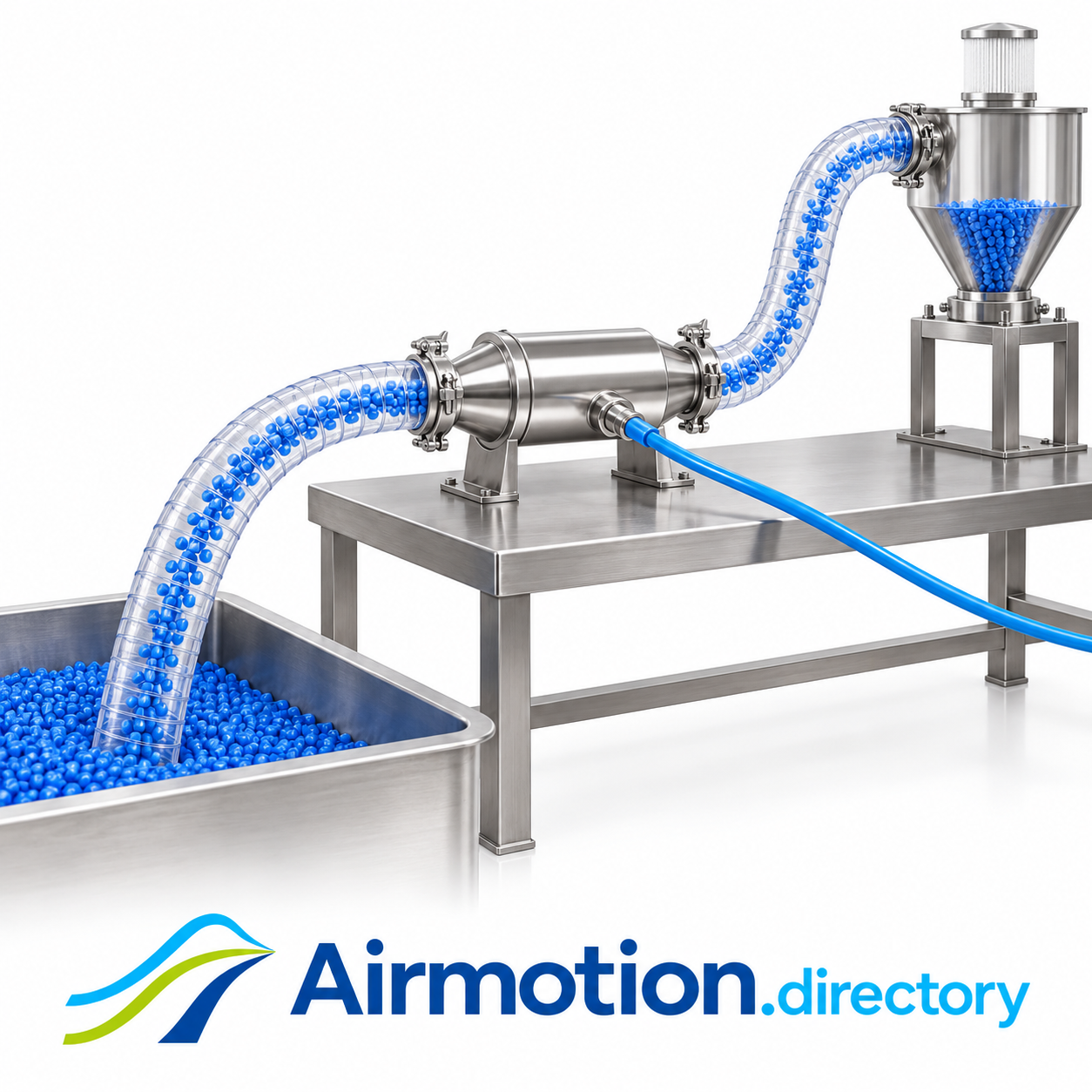 Illustration of plastic pellets transferred from a bin to a hopper using an inline air conveyor.