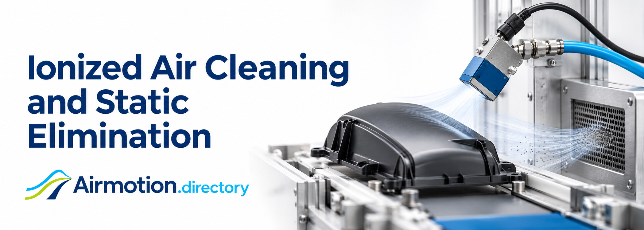 Ionized Air Cleaning and Static Elimination. Illustration of ionized compressed air removing dust from a plastic part, with the Airmotion Directory logo.