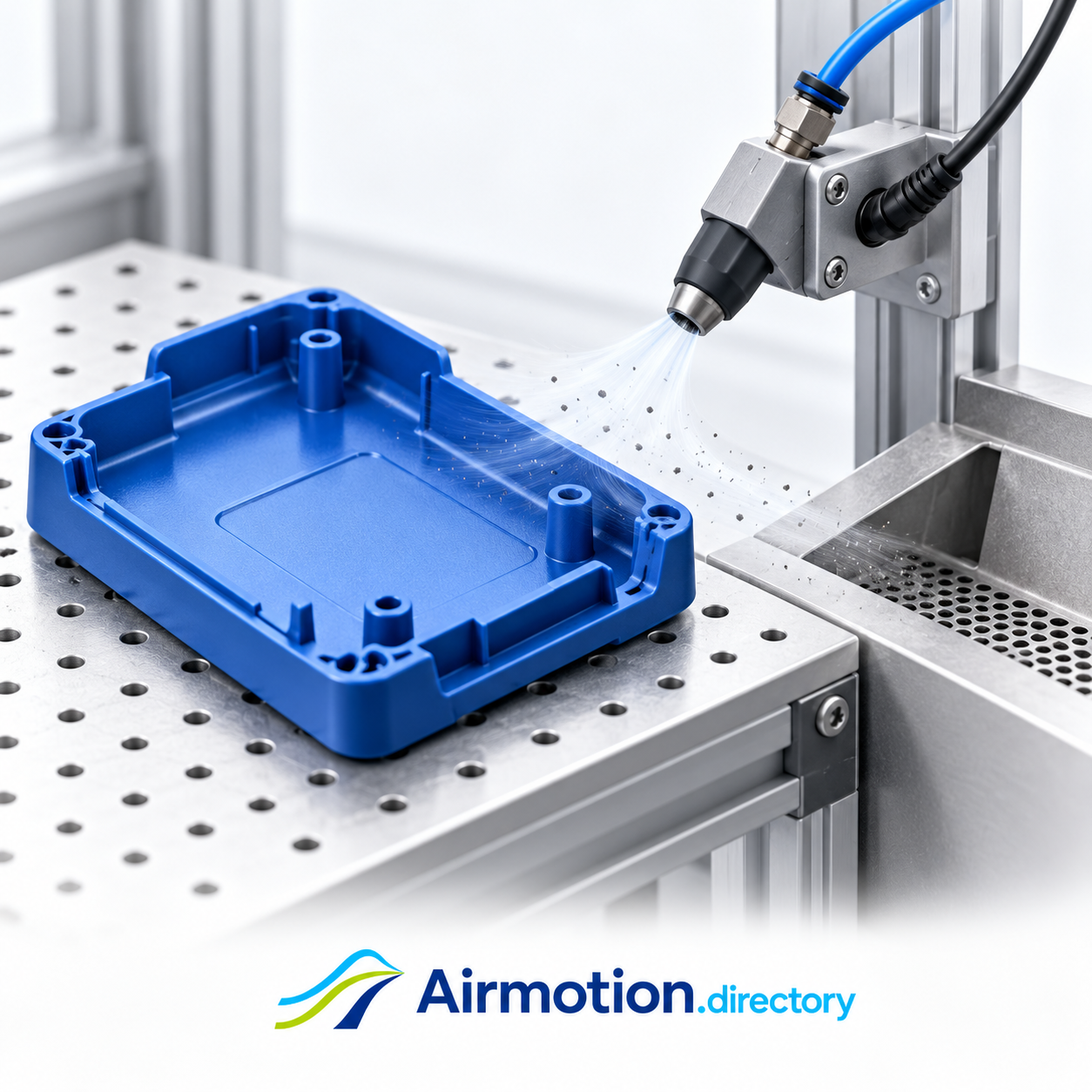 Illustration of an ionizing compressed-air nozzle removing loose dust from a molded plastic part before finishing.