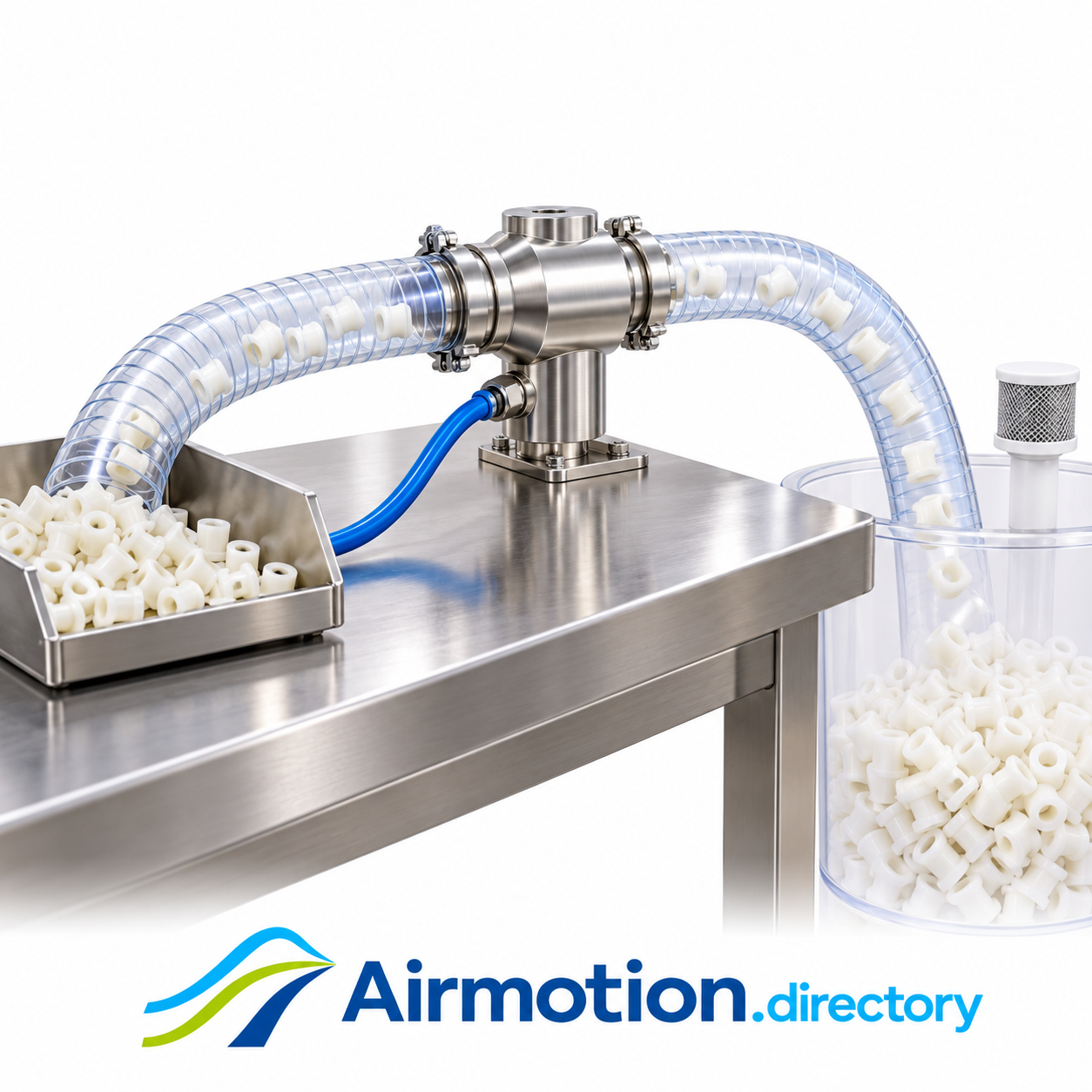 Illustration of an inline pneumatic conveyor transferring small nylon spacers into a container.
