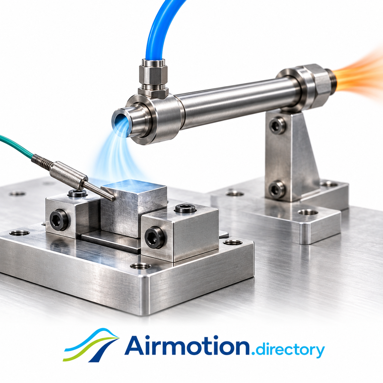 Illustration of vortex-tube cooling of a metal test specimen with a temperature probe.