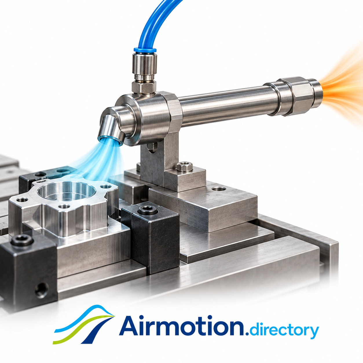 Illustration of a vortex tube directing cold air onto a small metal component.
