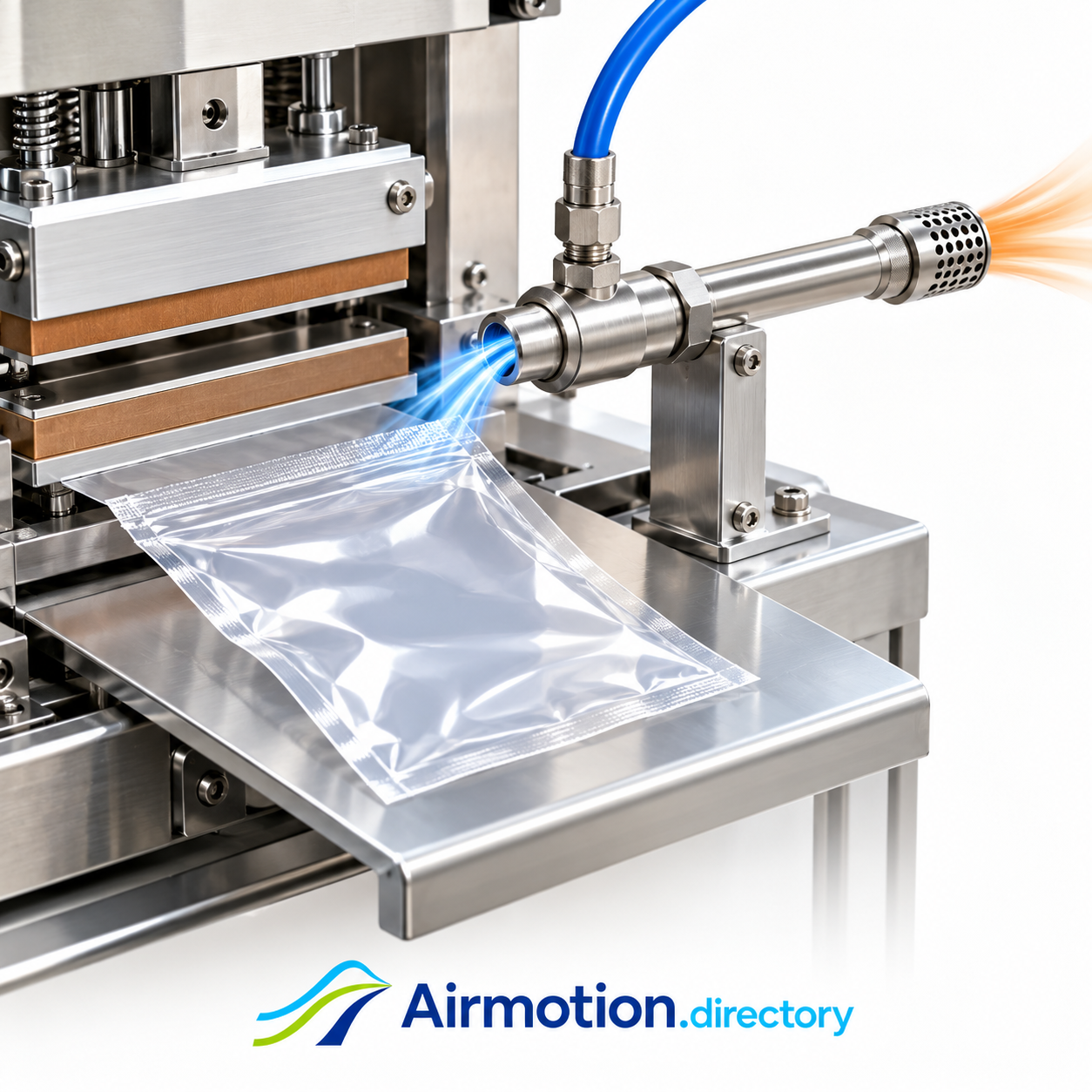 Illustration of cold air cooling a sealed pouch after a packaging sealing operation.