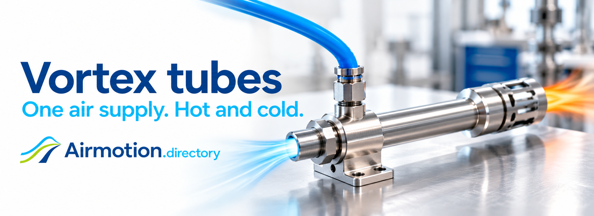 Vortex tube with a compressed-air supply and separate hot and cold outlets.