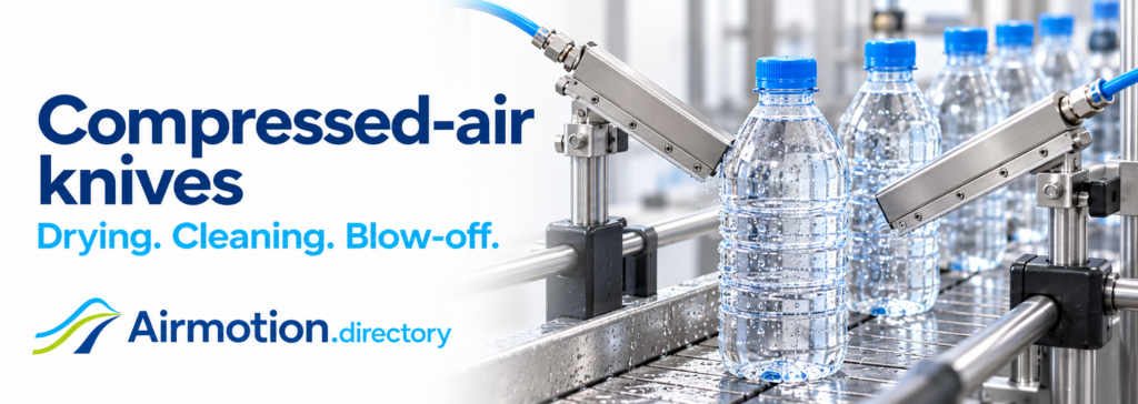Compressed-air knives: Drying. Cleaning. Blow-off. Illustration of bottle drying with the Airmotion Directory logo.