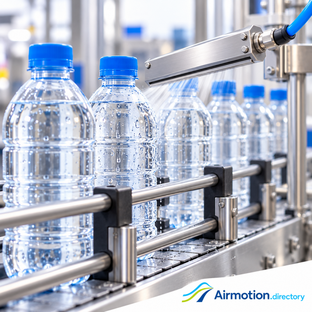 Illustration of a compressed-air knife removing exterior water from capped bottles on a conveyor.