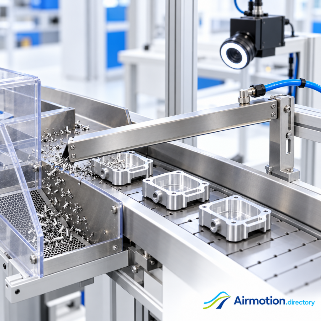Illustration of loose chips being blown from machined parts into a contained collection area before inspection.