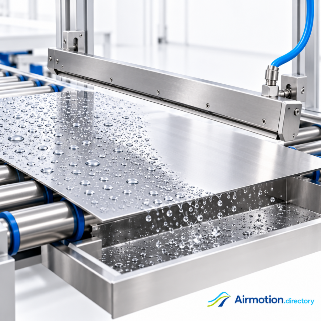 Illustration of a compressed-air knife removing residual water from sheet metal after washing.
