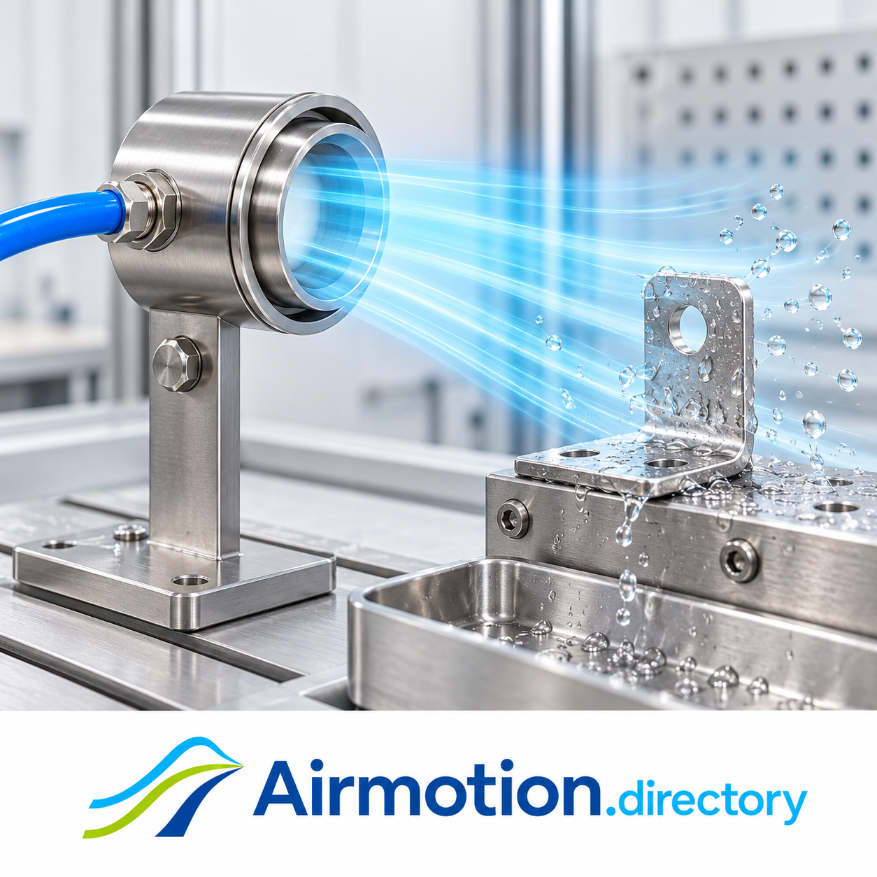 Illustration of an air amplifier removing surface water from a small metal bracket.