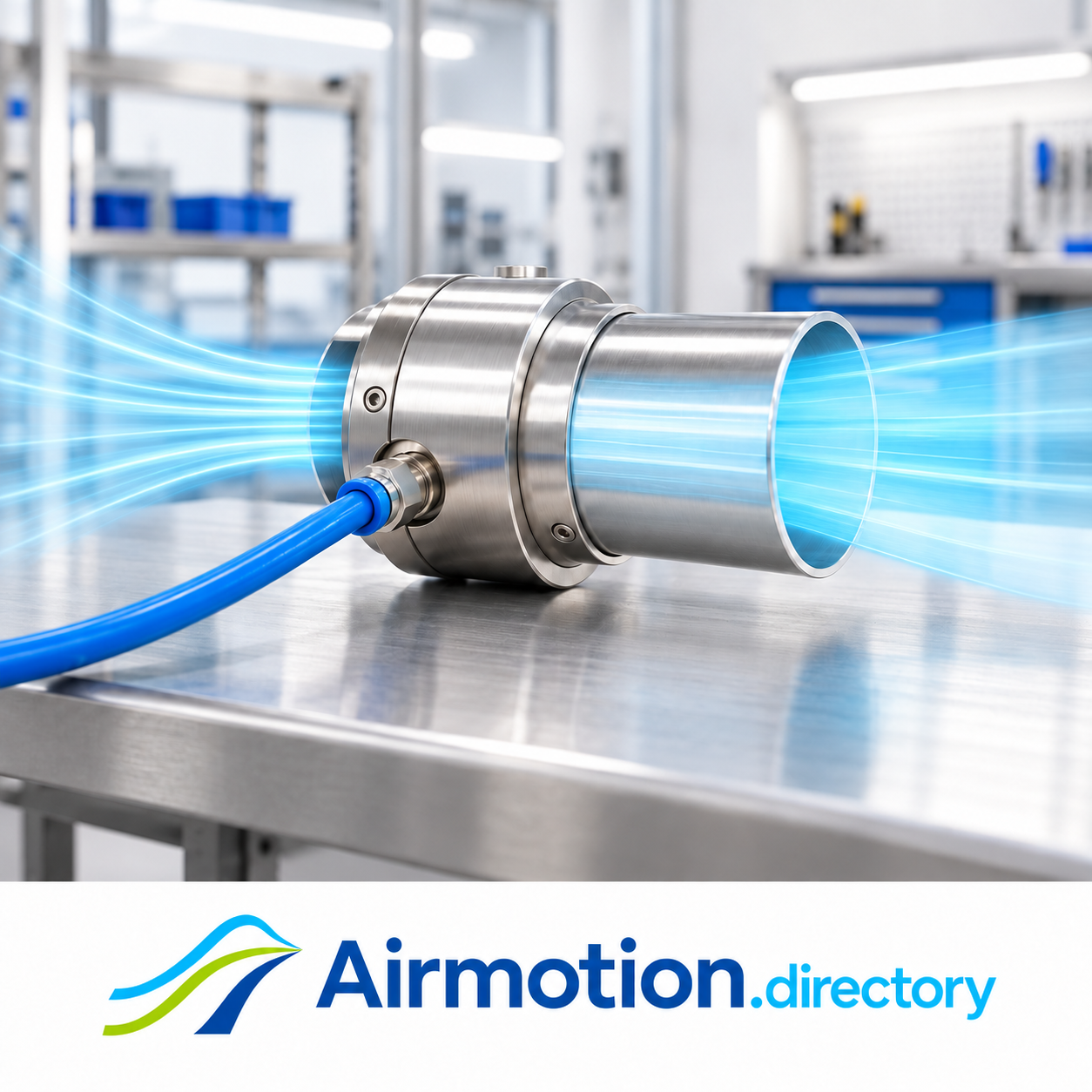 Illustration of an annular airflow amplifier inducing air movement through a short discharge duct.