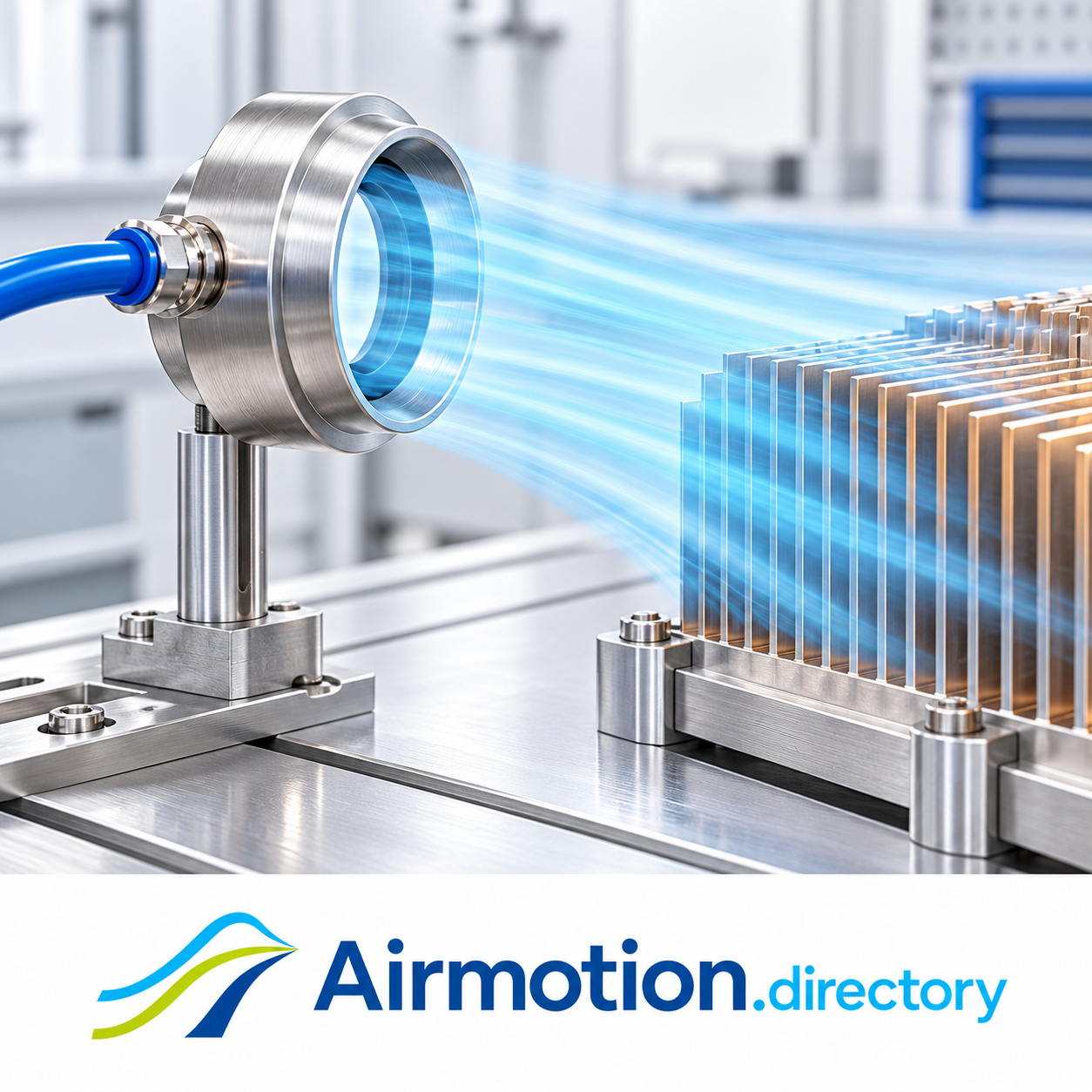 Illustration of an air amplifier moving surrounding air across a finned component.