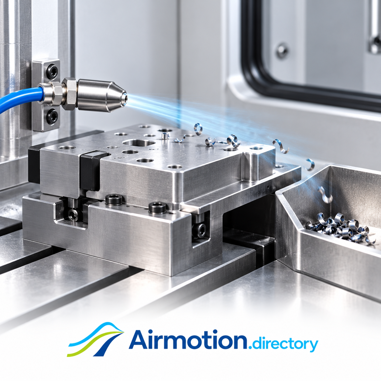 Illustration of a directed air jet clearing loose chips from a fixture into a collection tray.