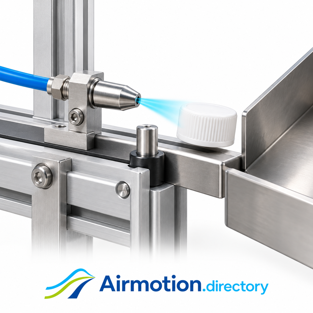 Illustration of an air pulse ejecting a lightweight plastic cap from a fixture toward a receiving chute.