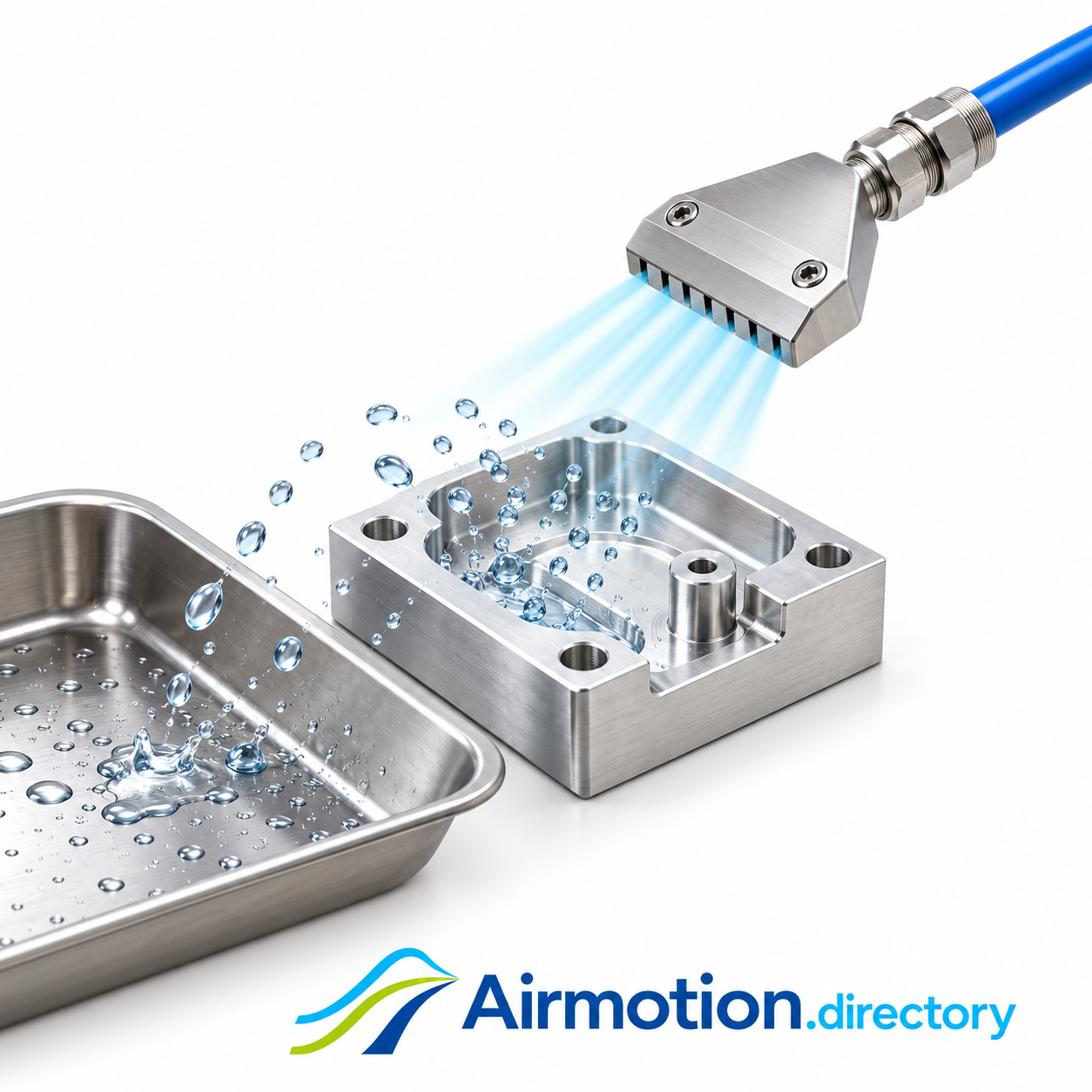 Illustration of a flat compressed-air nozzle removing water from a recessed metal component into a tray.