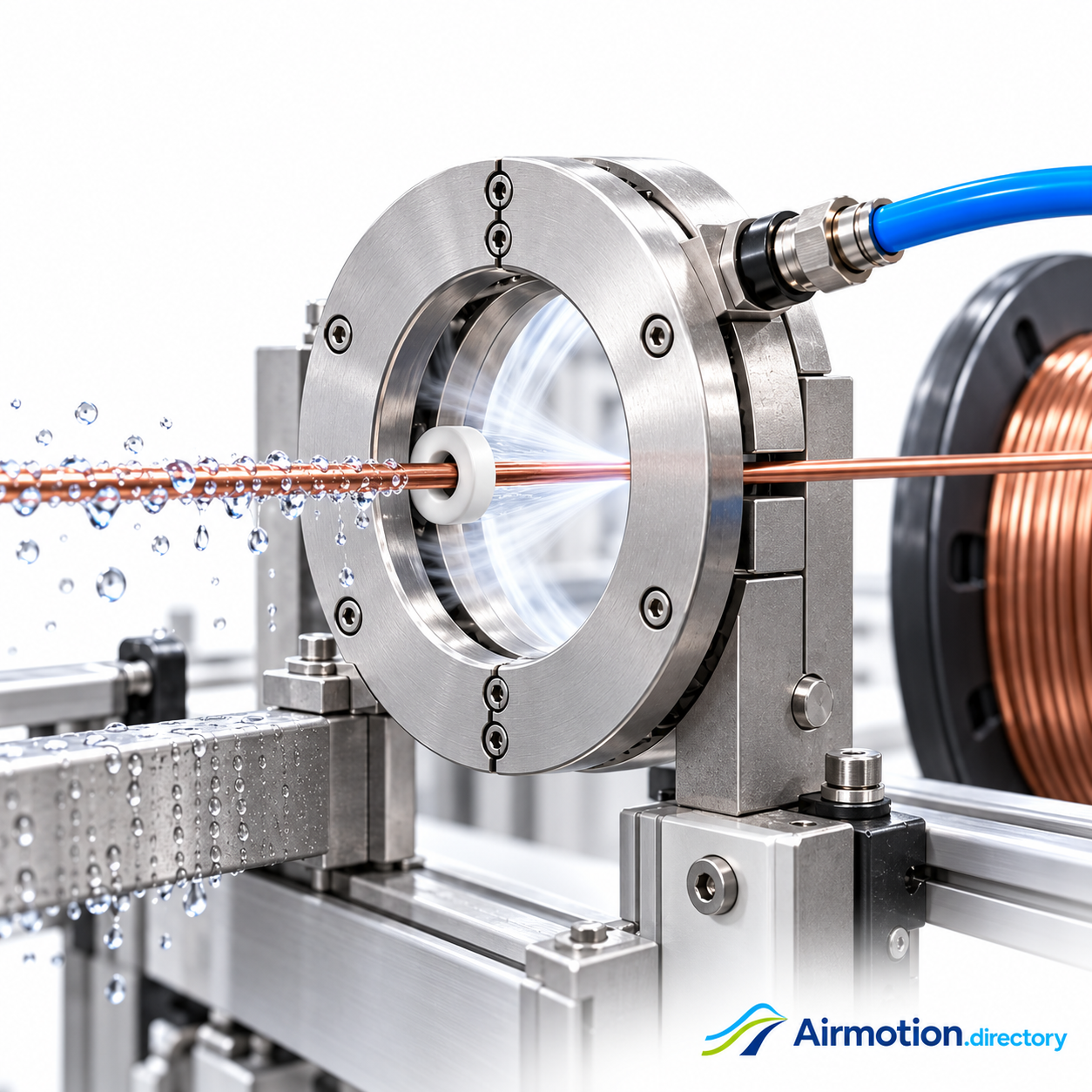 Illustration of a guided air wipe drying bare copper wire before winding.