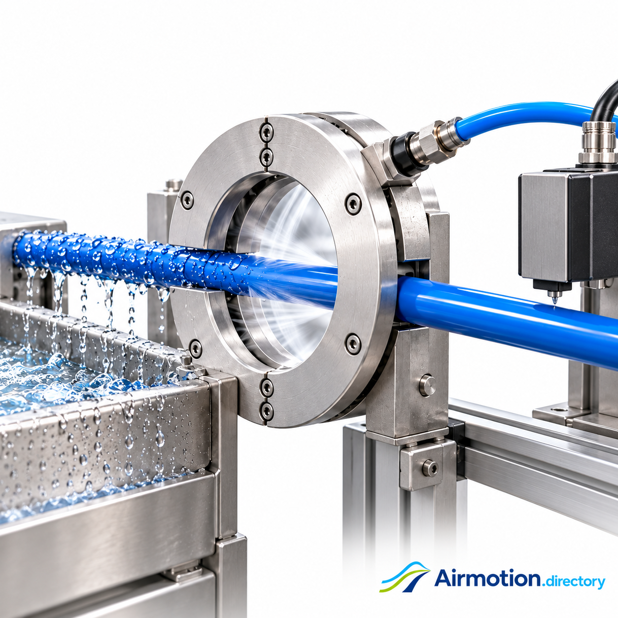 Illustration of an air wipe removing water from blue cable before a marking station.
