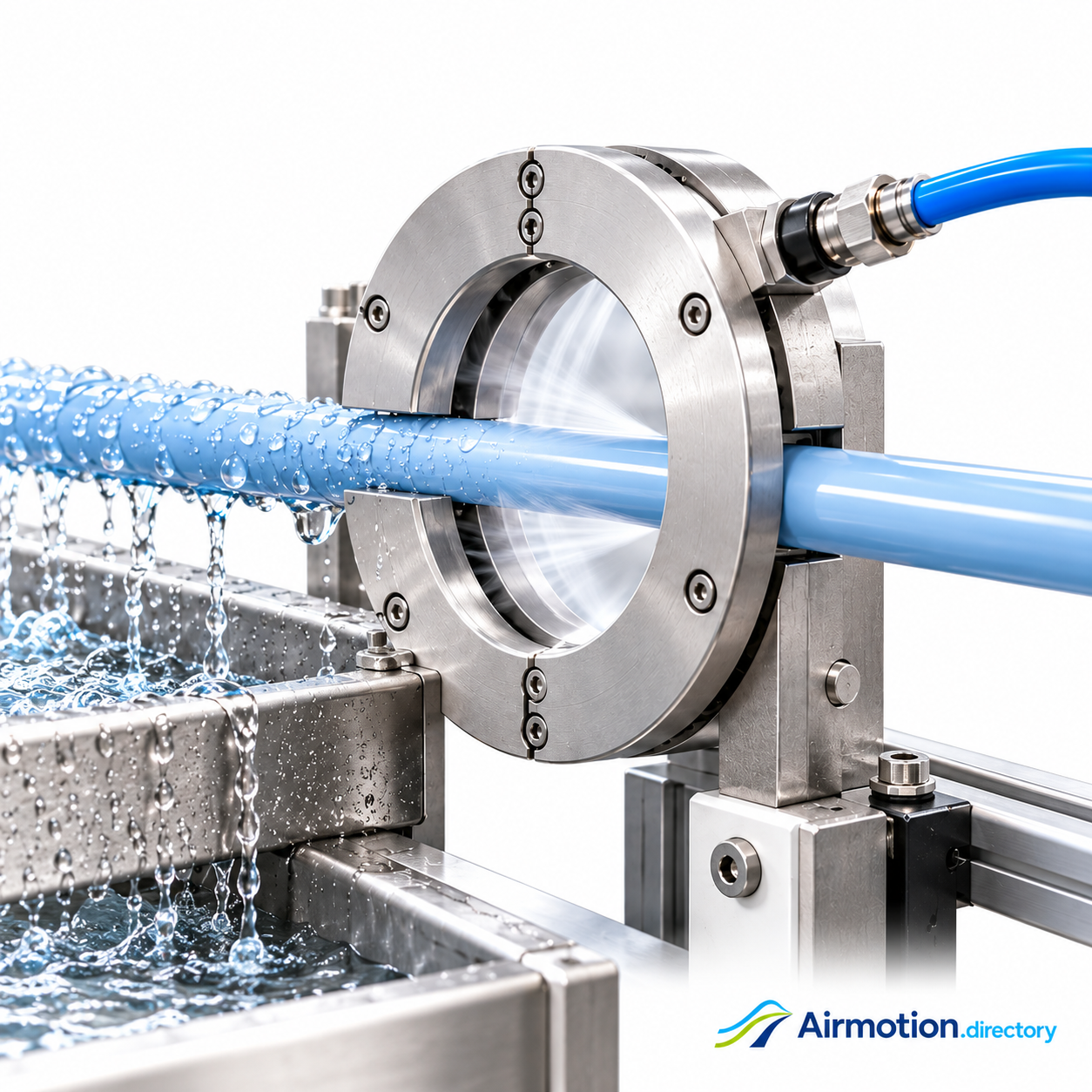 Illustration of a circular air wipe drying plastic tubing after water cooling.