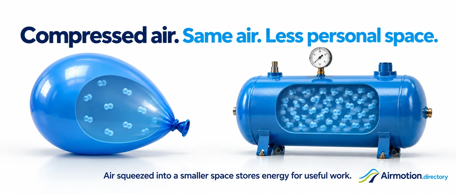 Balloon and air receiver illustrating compressed air: Same air. Less personal space. Air squeezed into a smaller space stores energy for useful work.