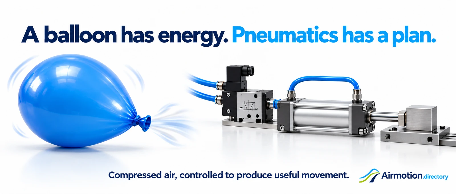 A balloon has energy. Pneumatics has a plan. Illustration contrasting escaping balloon air with a pneumatic cylinder producing controlled movement.