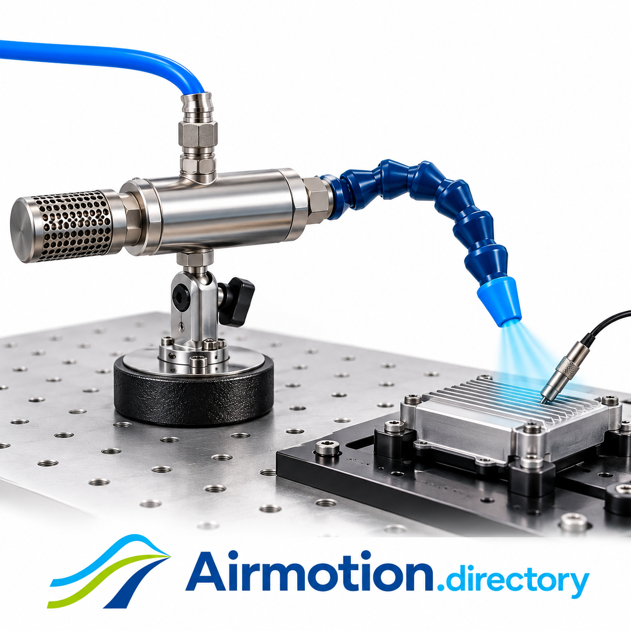 Illustration of local cold-air cooling of an electronic module while a temperature probe checks its case.