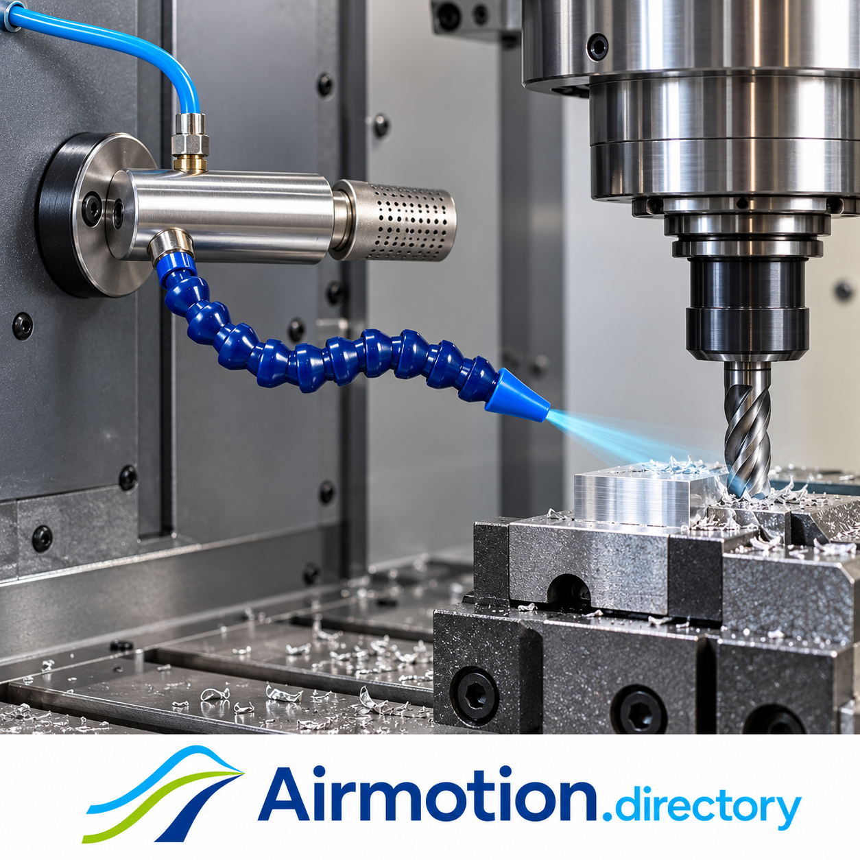 Illustration of a vortex tool cooler delivering cold air through a flexible hose beside a dry milling operation.