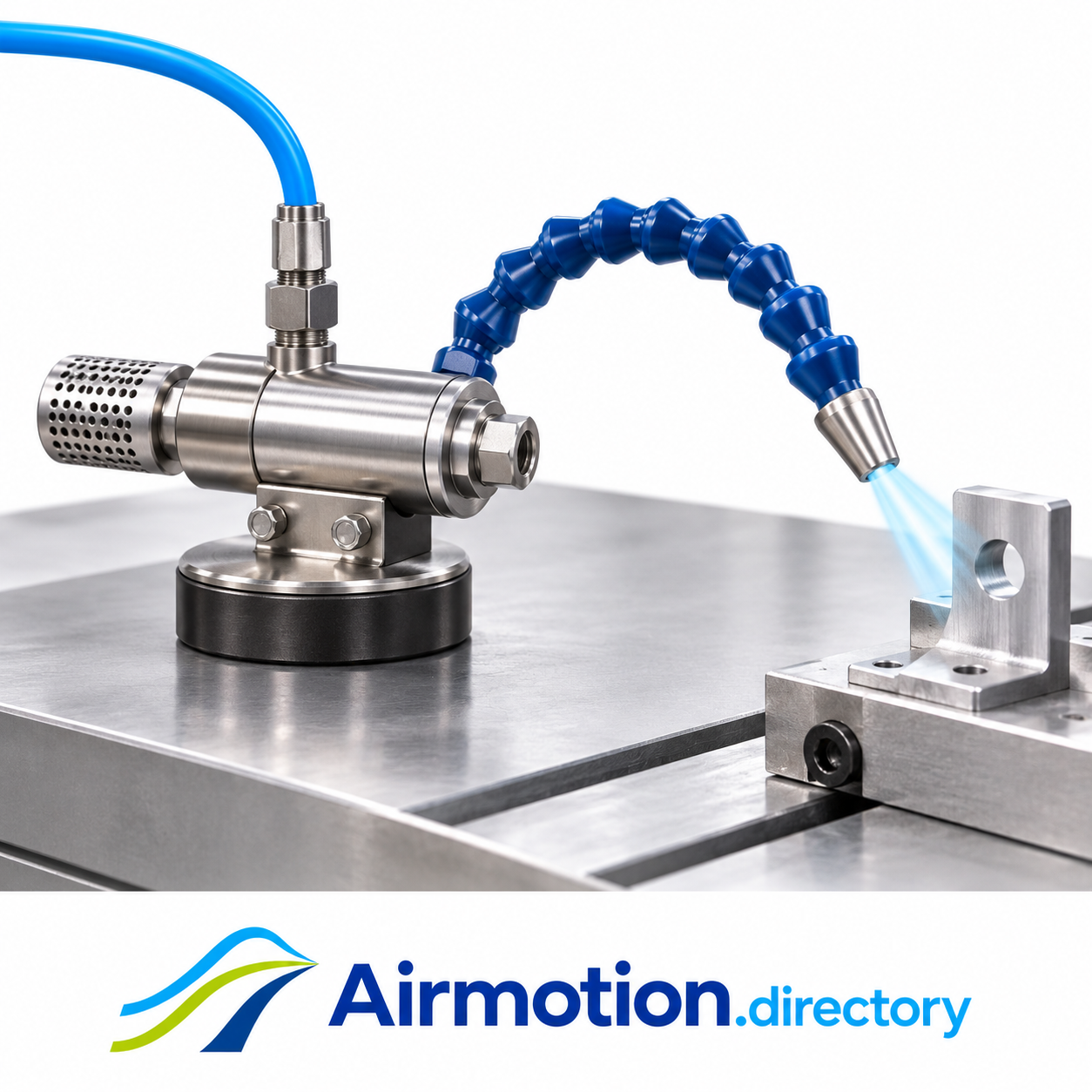 Illustration of a cold air gun cooling a small metal bracket on a fixture.