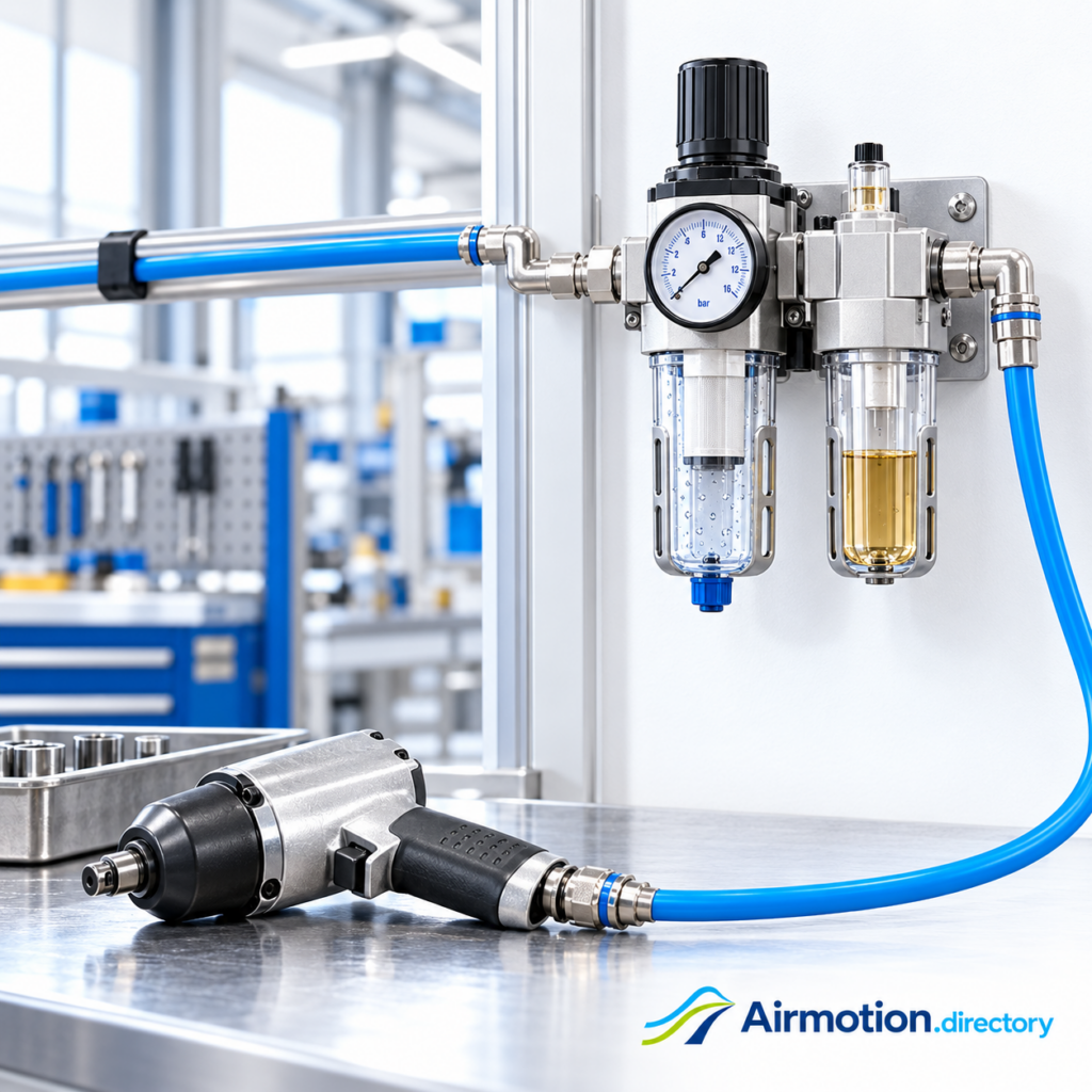 Illustration of a filter-regulator and lubricator supplying a pneumatic impact wrench at an assembly bench.