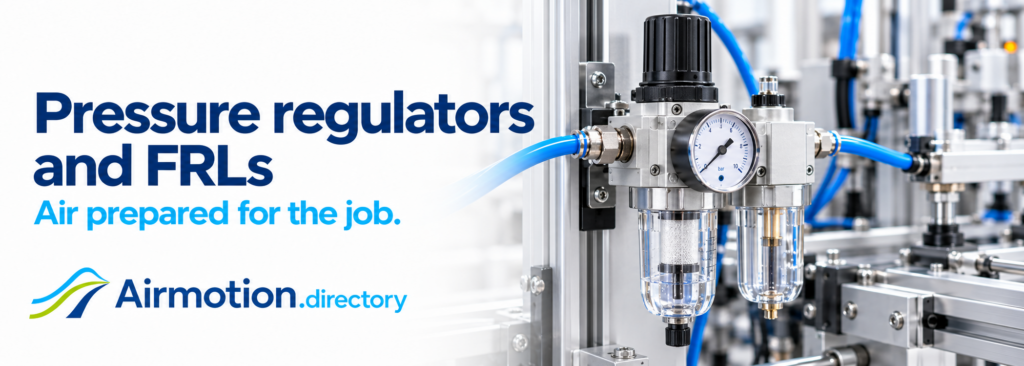 Pressure regulators and FRLs: Air prepared for the job. Illustrated air-preparation unit at a machine inlet with the Airmotion Directory logo.