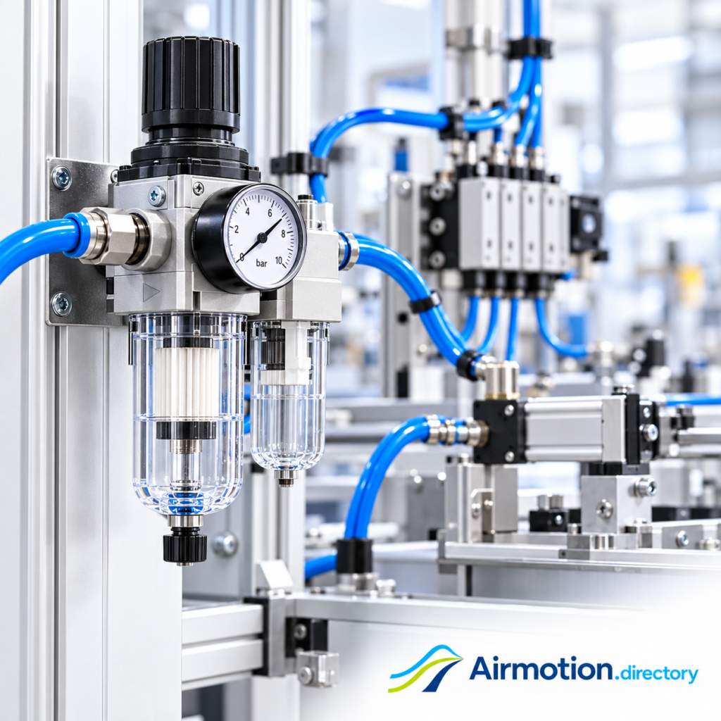 Illustration of a filter-regulator supplying a machine valve manifold and pneumatic cylinder.