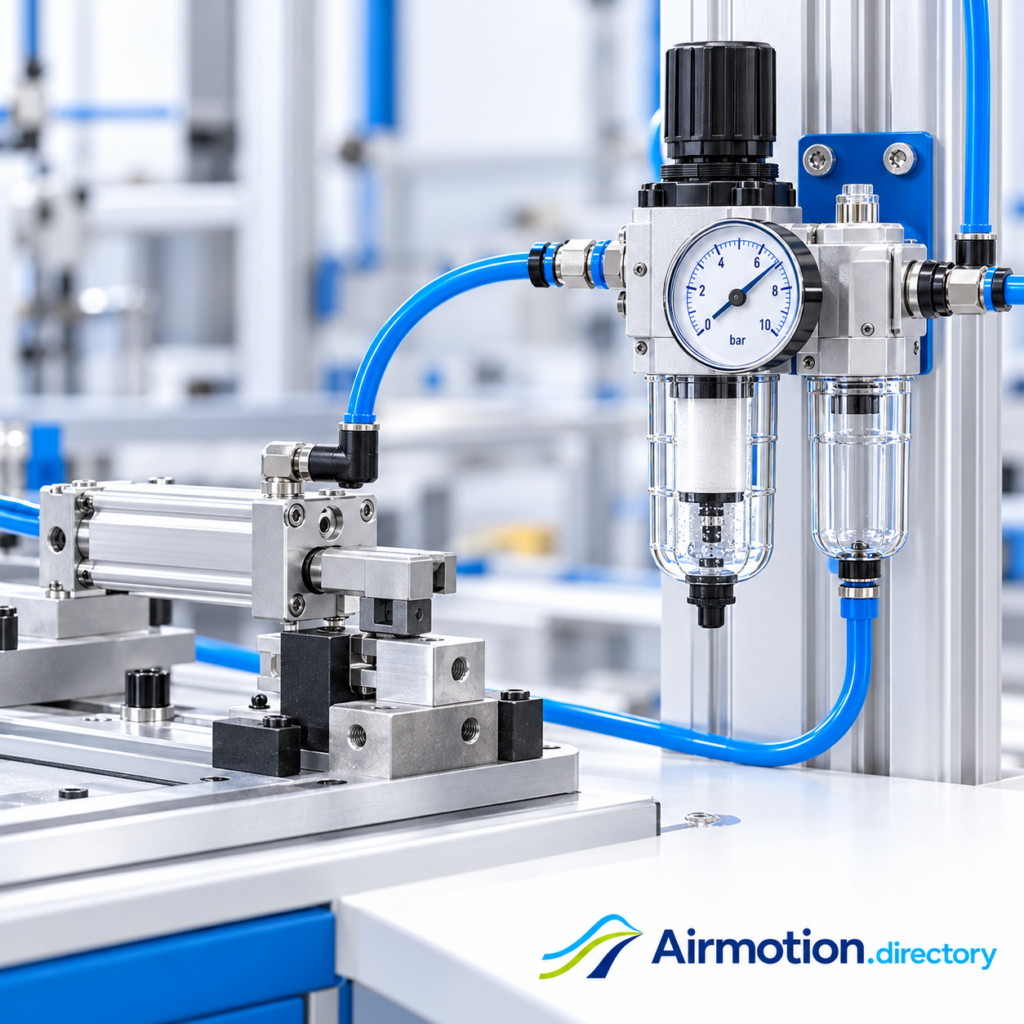 Illustration of a local filter-regulator and pressure gauge supplying a pneumatic test fixture.