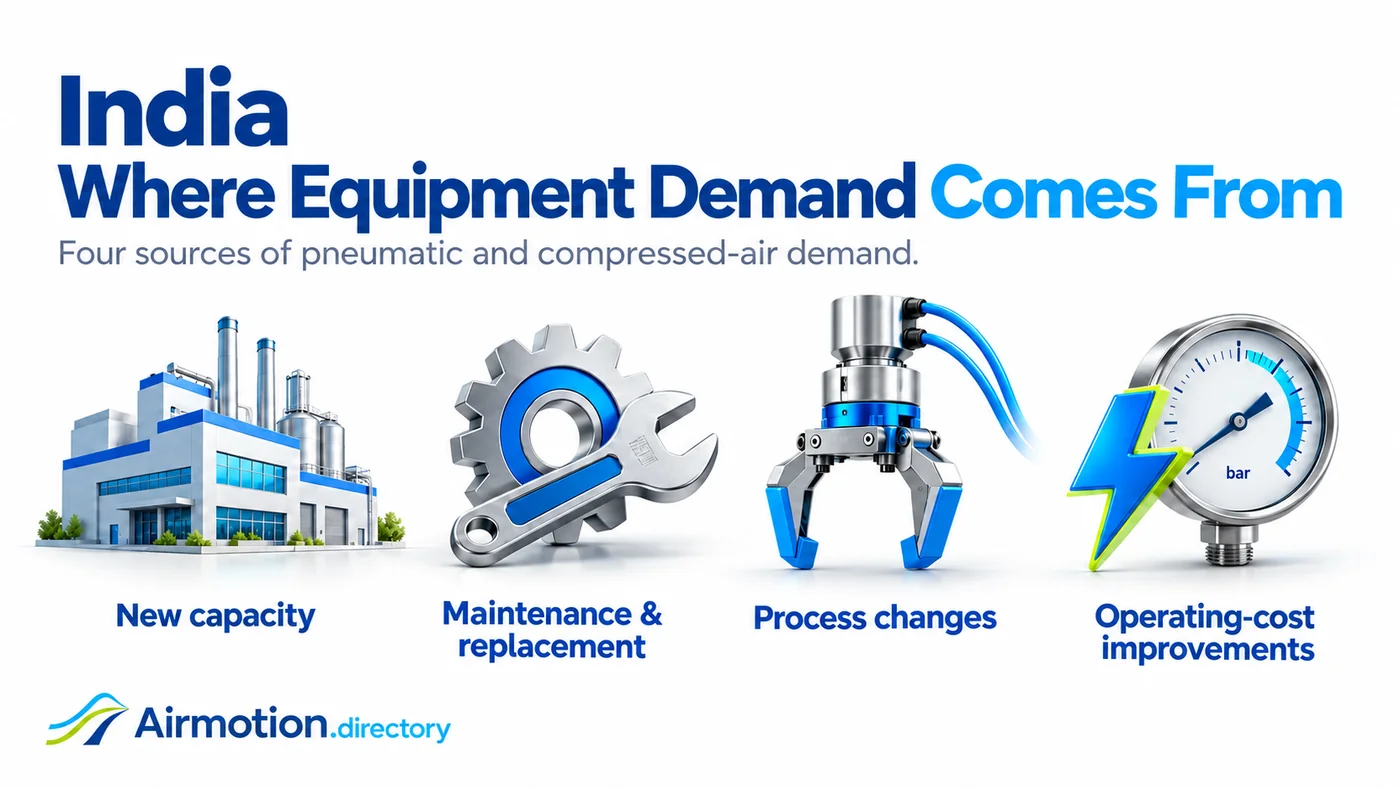 Four sources of pneumatic and compressed-air demand: new capacity, maintenance and replacement, process changes, and operating-cost improvements.