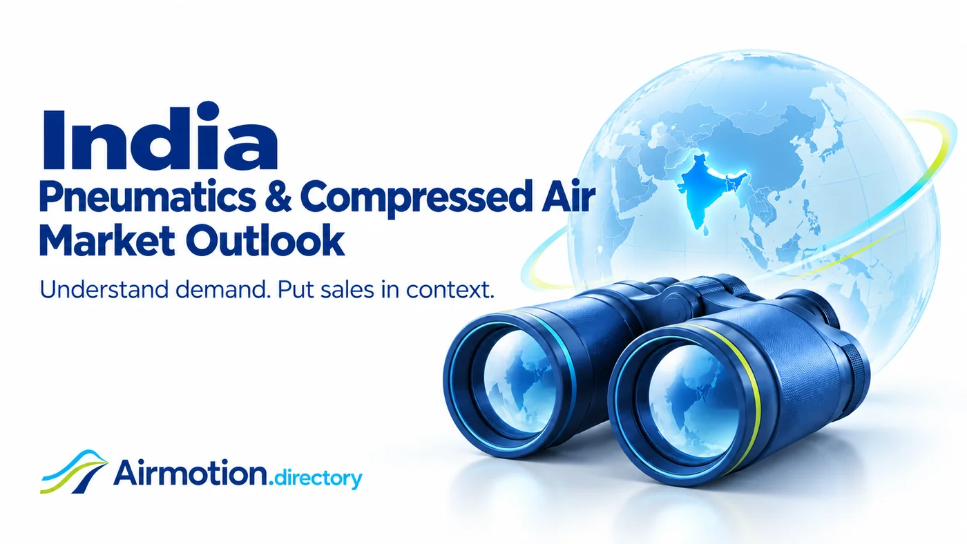 India pneumatics and compressed-air market outlook, illustrated with binoculars and a globe.