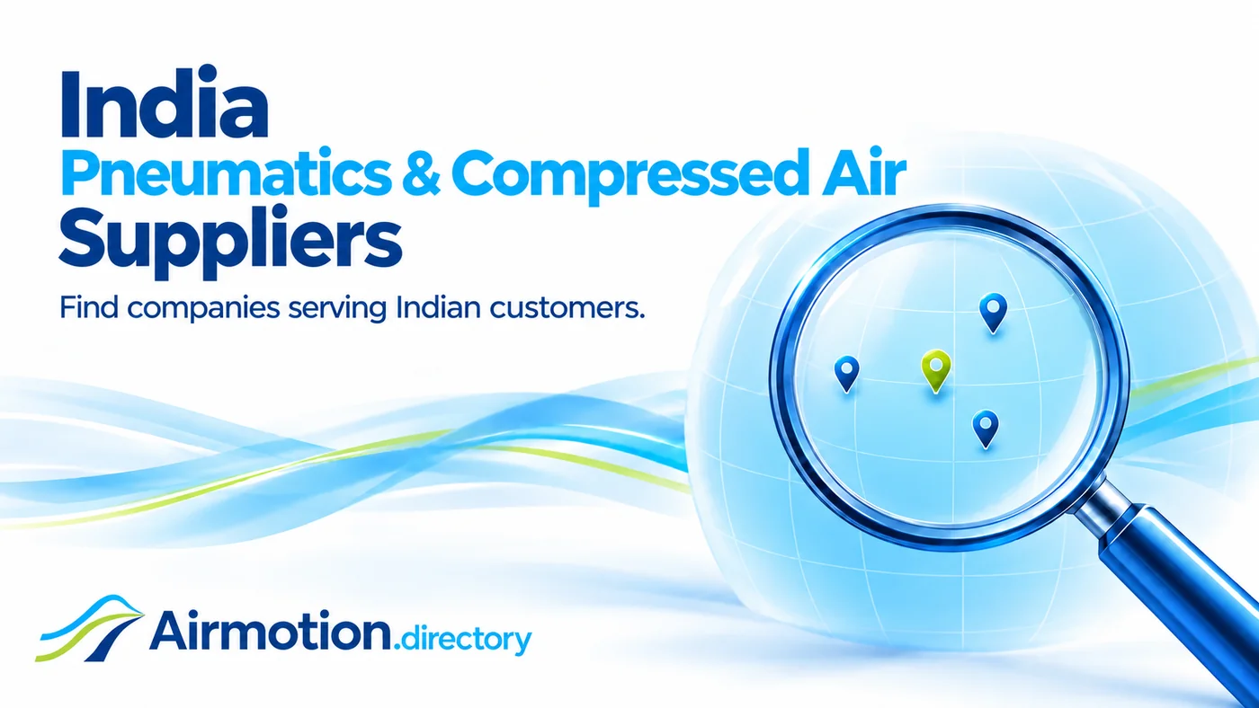 Find pneumatic and compressed-air suppliers serving India, illustrated with a magnifying glass and location pins on a globe.