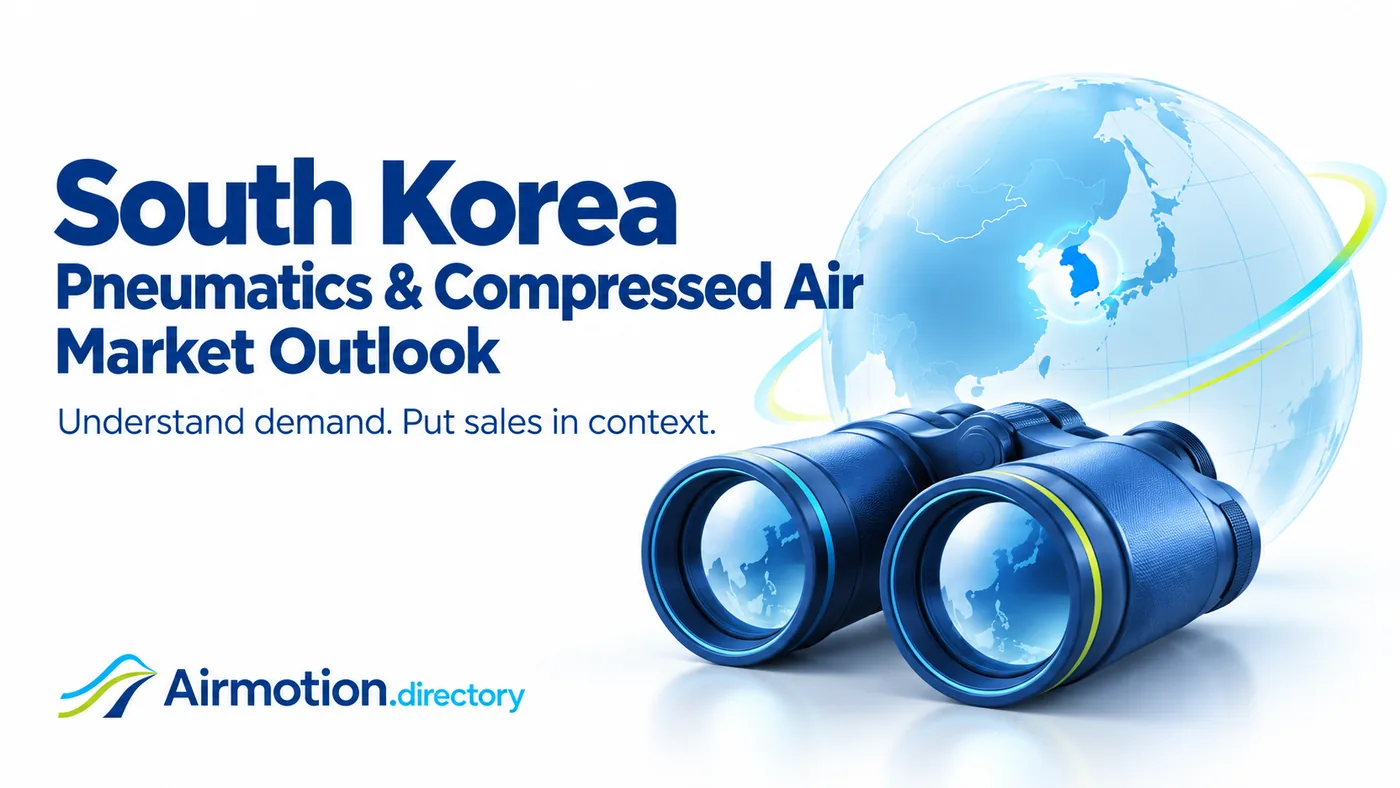 South Korea pneumatics and compressed-air market outlook, illustrated with binoculars and a globe.