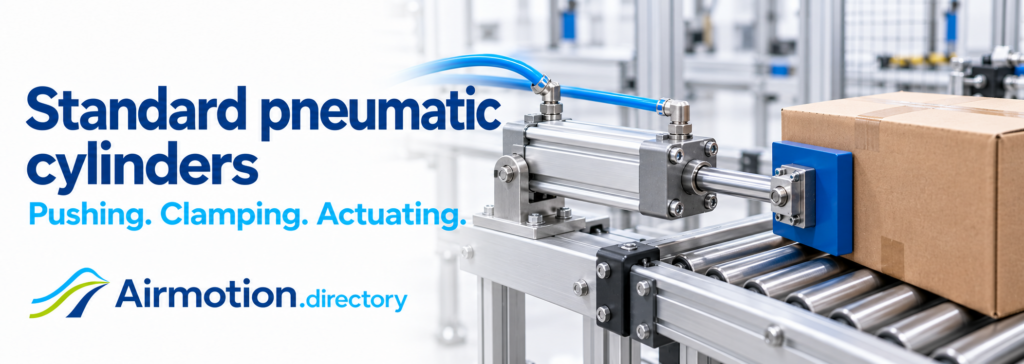 Standard pneumatic cylinders: Pushing. Clamping. Actuating. Illustration of a guided carton pusher with the Airmotion Directory logo.