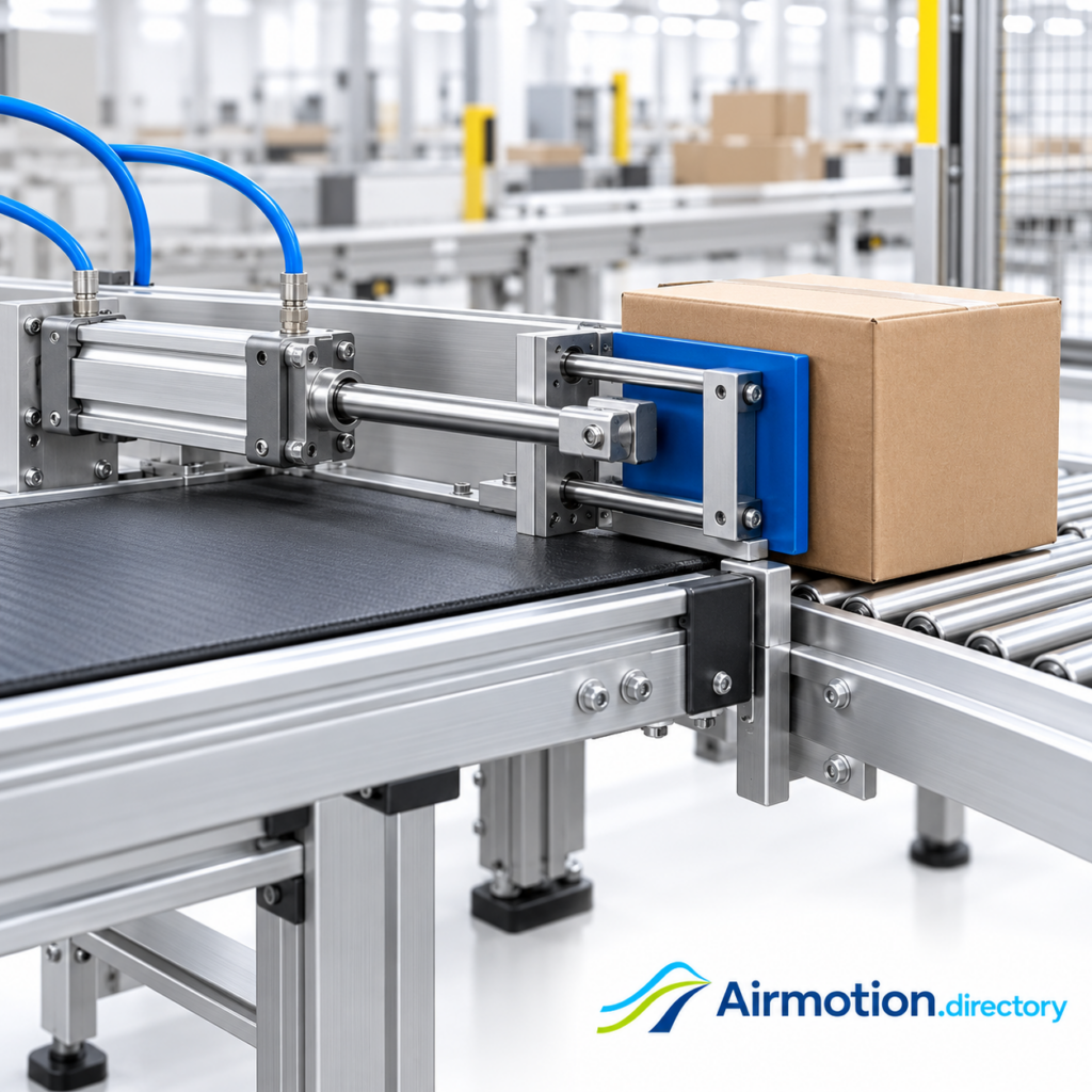 Illustration of a standard pneumatic cylinder driving a guided pusher plate against a carton at a conveyor transfer.