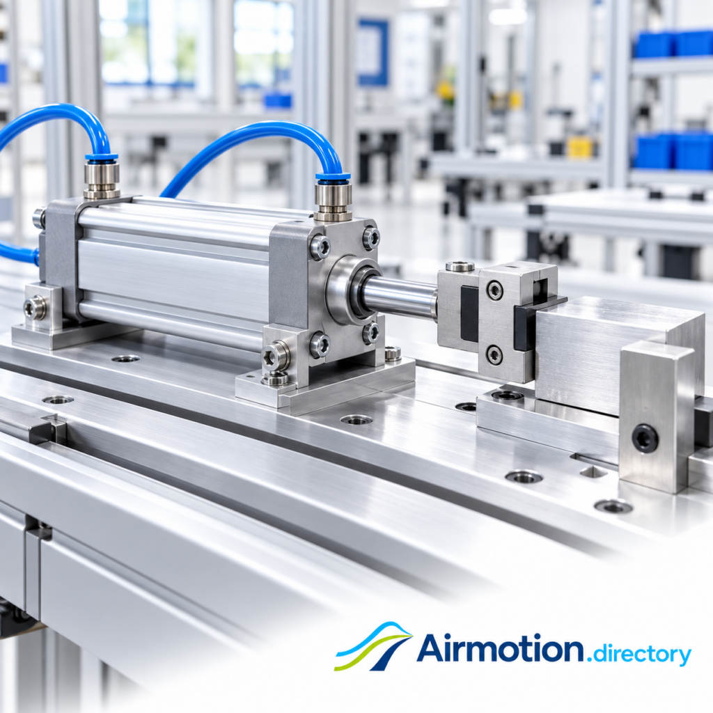 Illustration of a pneumatic cylinder moving a clamping jaw to hold a workpiece against a fixed stop.