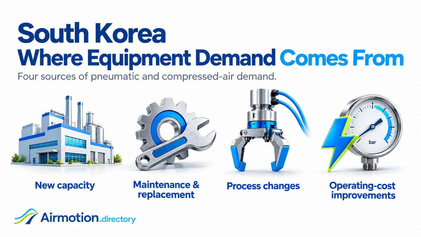 Four sources of pneumatic and compressed-air demand: new capacity, maintenance and replacement, process changes, and operating-cost improvements.
