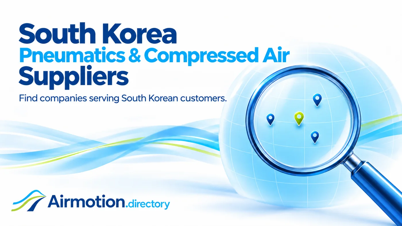 Find pneumatic and compressed-air suppliers serving South Korea, illustrated with a magnifying glass and location pins on a globe.