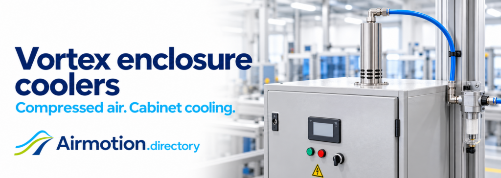 Vortex enclosure coolers: Compressed air. Cabinet cooling. Illustration of a closed electrical cabinet with a roof-mounted cooler and the Airmotion Directory logo.