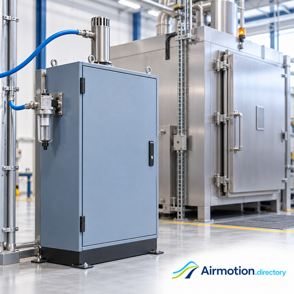 Illustration of a vortex-cooled electrical cabinet positioned beside a closed industrial process oven.