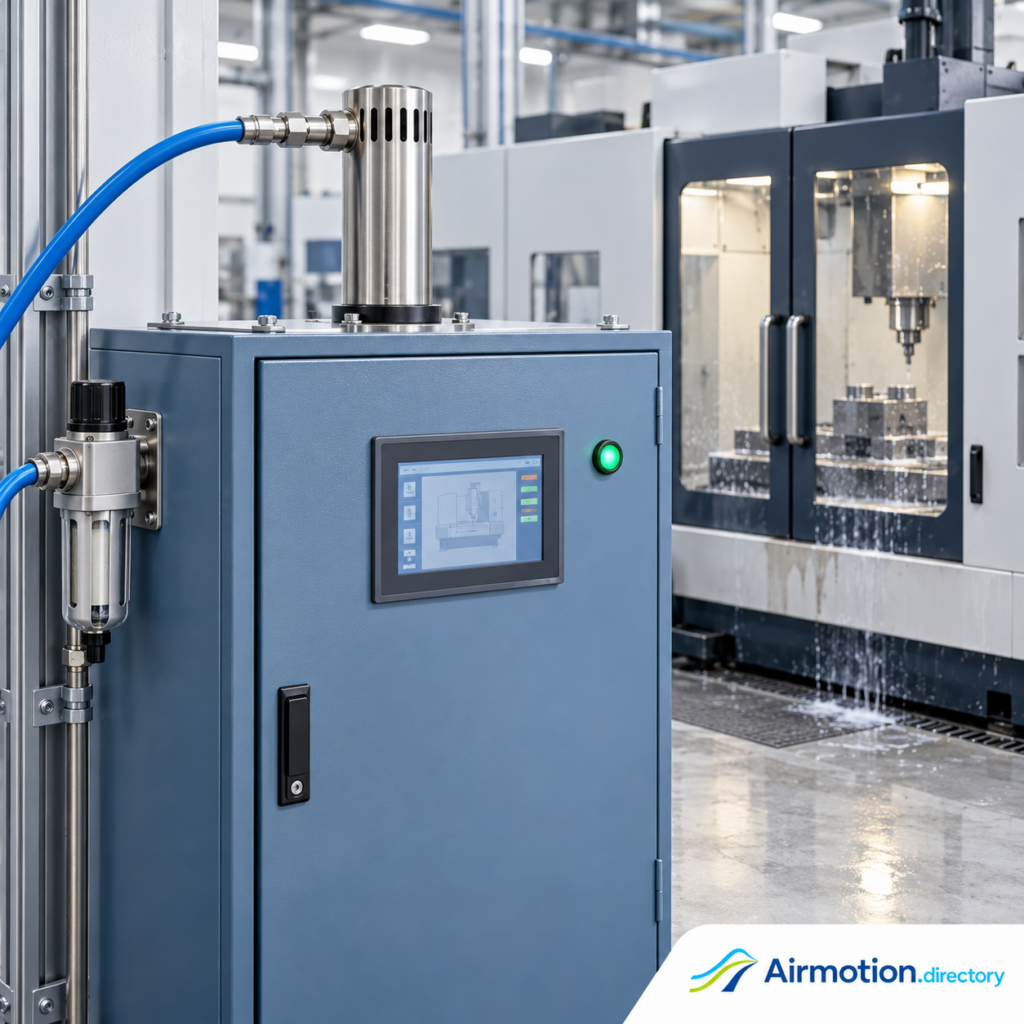 Illustration of a roof-mounted vortex cooler supplying a closed control cabinet beside a machining cell.