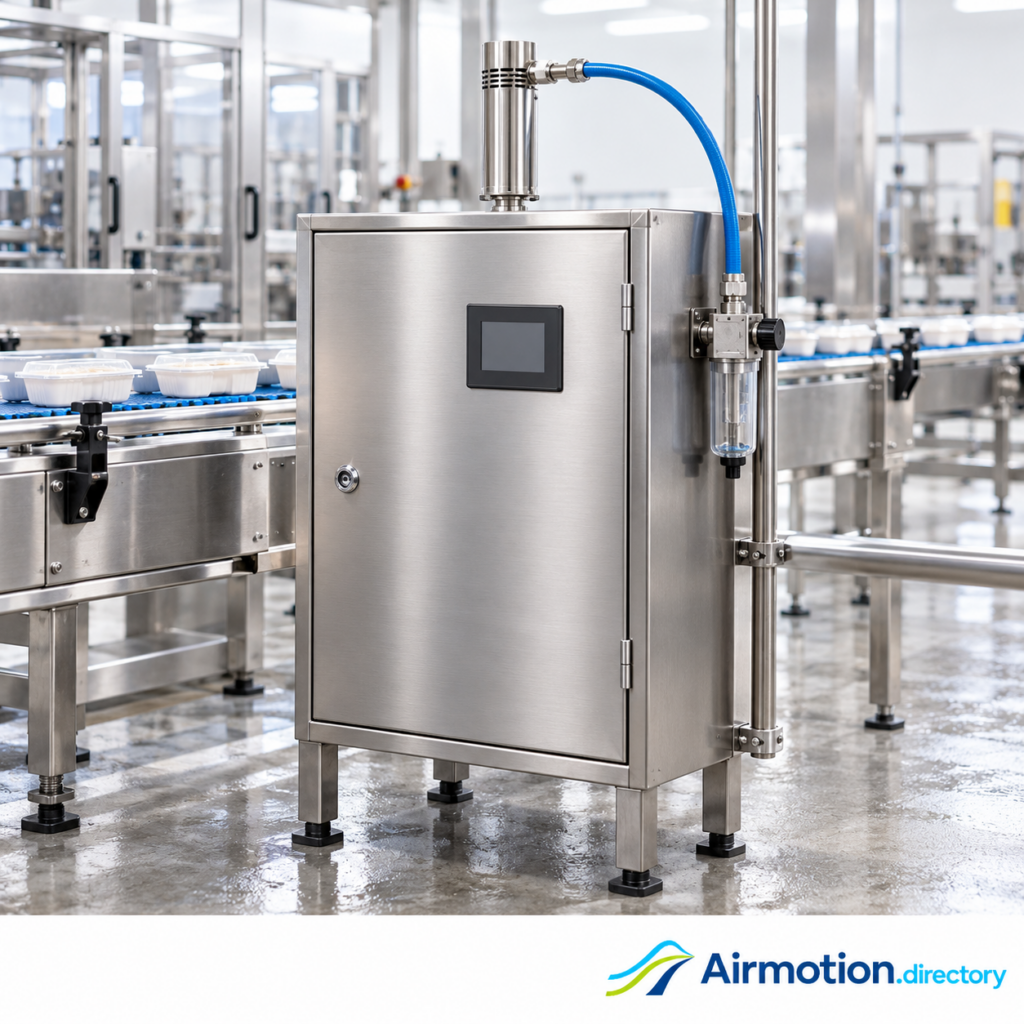Illustration of a stainless-steel control enclosure with a vortex cooler beside a clean packaging line.